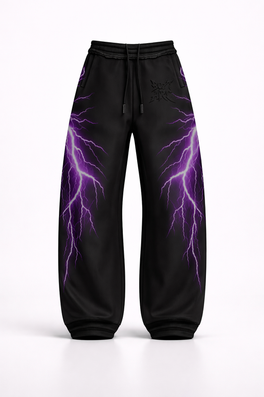 Black sweatpants with purple lightning designs on a white background